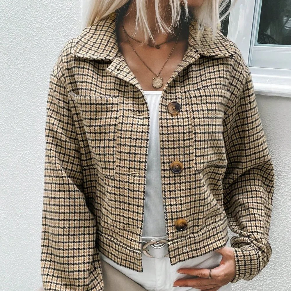 Multicolor Casual Womens Houndstooth Print Drop Shoulder Jacket - Picture 1 of 5
